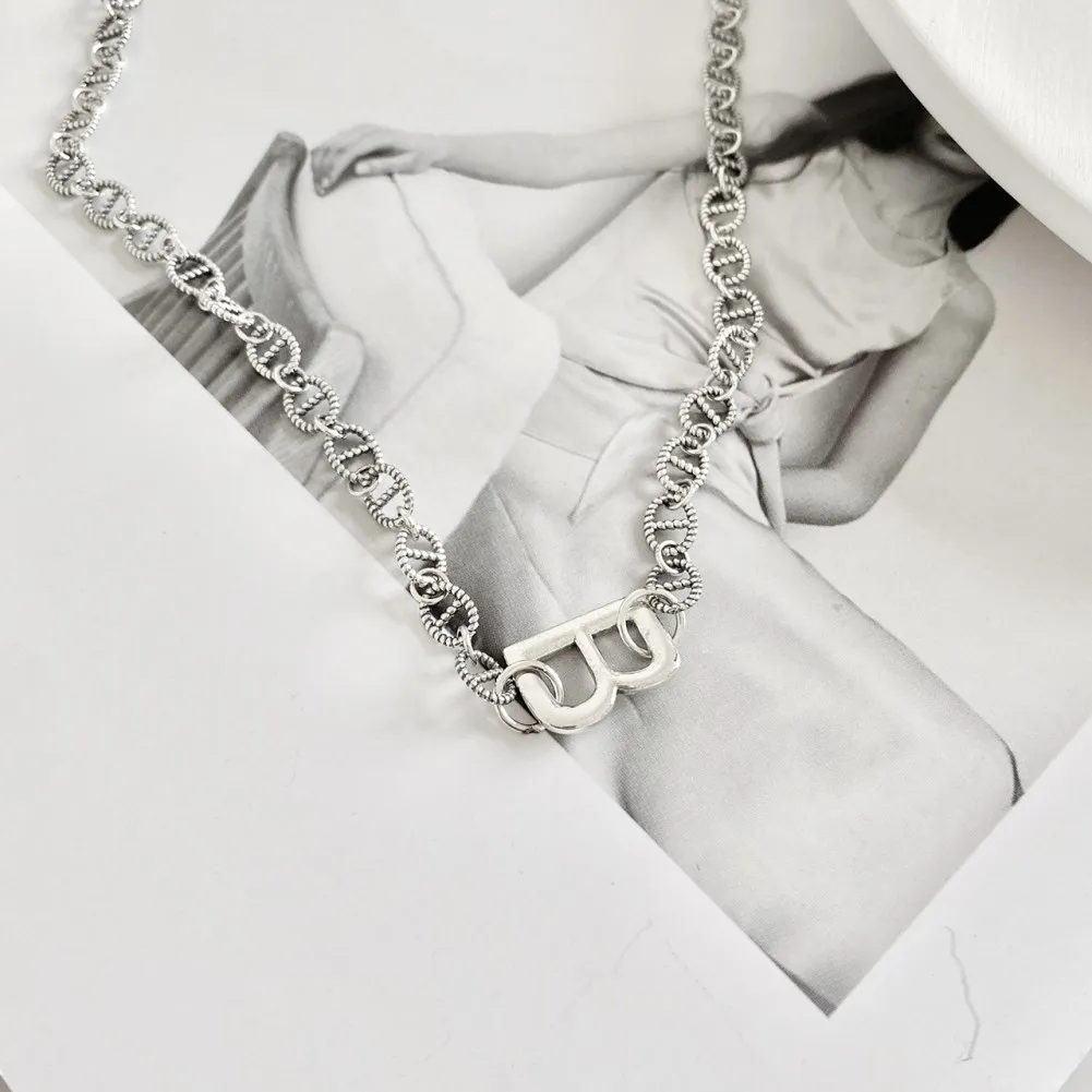 

Vintage Style Silver Necklace Women Korean Version Thai Silver Necklace Female Letter B Sweater Chain Silver Neck Ornament