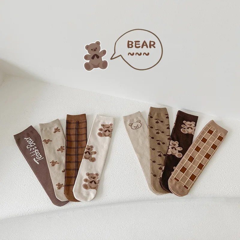 Осенние прямые носки до колен с мультяшным медведем для маленьких мальчиков и