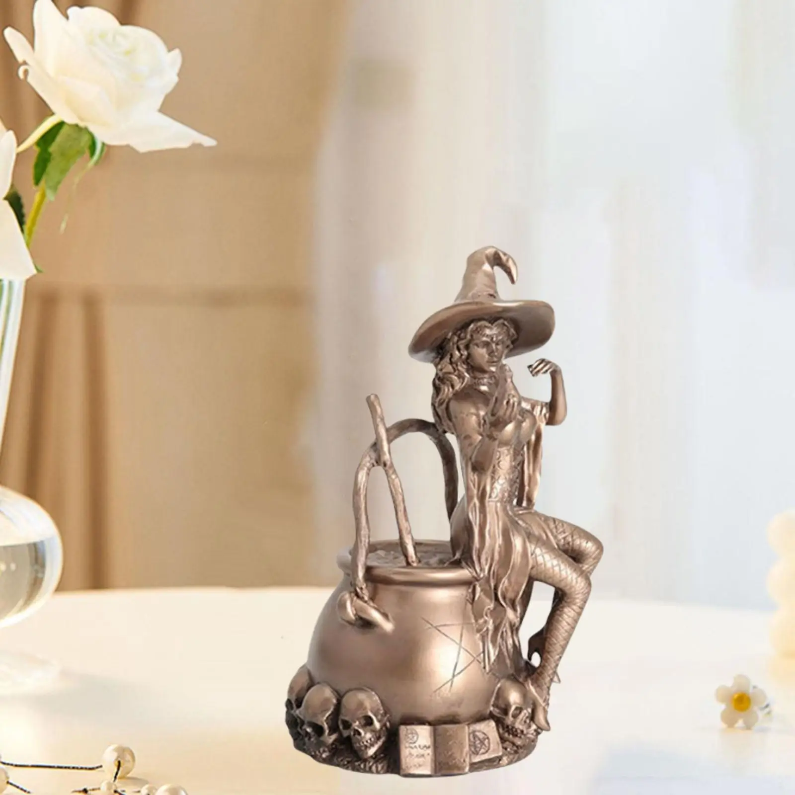 

Medicine Making Witch Statue Bronze Finish Magician Decoration Enchanter Durable Goddess Retro for Home Halloween Party Office