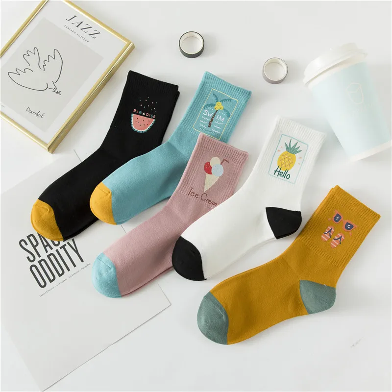 5 Pairs Harajuku Kawaii Cute Hot Stamping Fruit Women Socks Sports School Wind Cartoon Casual Women's Cotton Socks