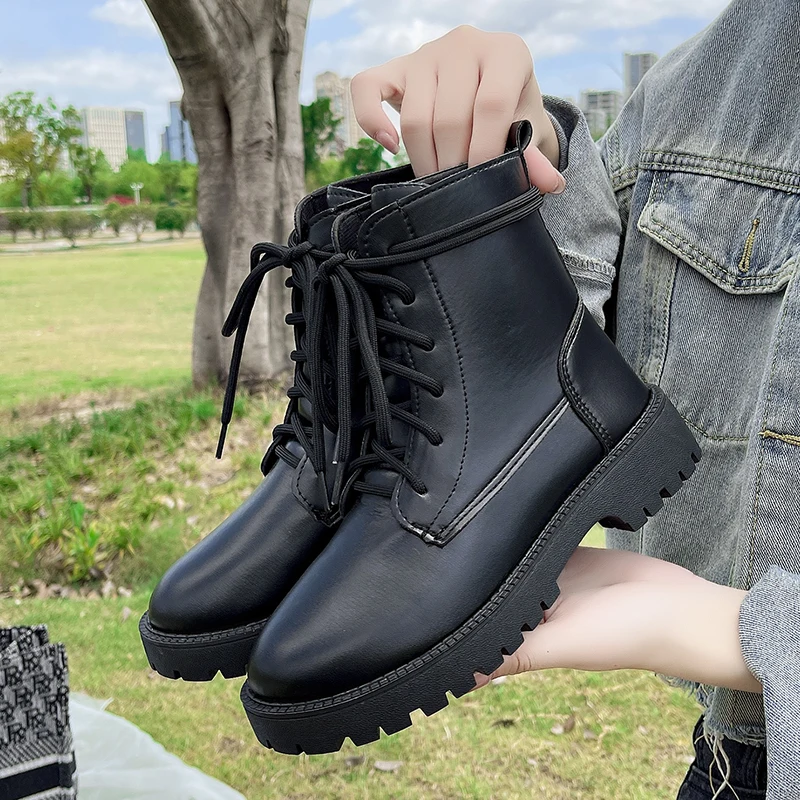 Ботильоны женские черные из искусственной кожи на шнуровке с круглым носком