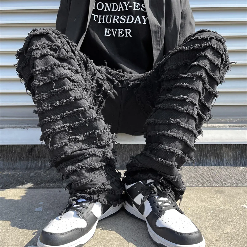 White Hip Hop Jeans Striped Tassel Frayed Straight Baggy Jeans Pants Harajuku Male Female Solid Streetwear Casual Denim Trousers
