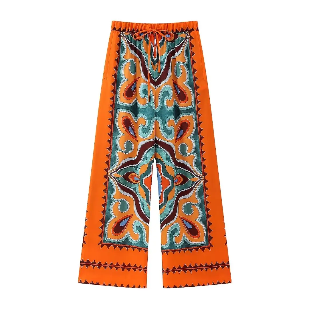 

Women 2023 New Chic Fashion Summer Printing Hang Down Pants Vintage High Elastic Waist Side Pockets Female Ankle Trousers