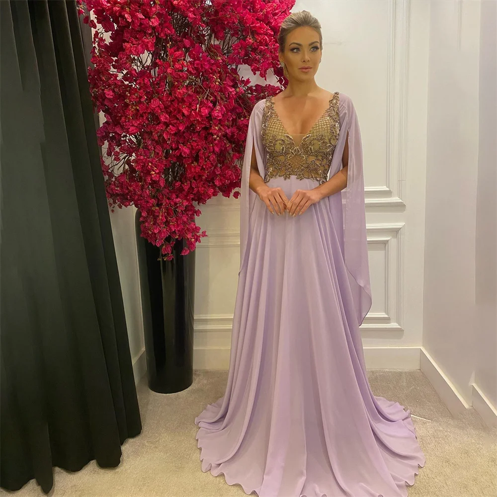 

Lilac Chiffion Prom Dress Sequin Beading Party Dress Embroidery Celebrity Gown V Neck Wedding Party Dress вечерние платья