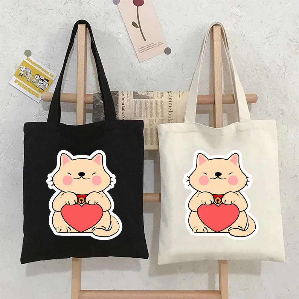 

Tote Bags for Women Cute Happy Cat with Heart Canvas Shopping Beach Bag Large Capacity Reusable Handbags