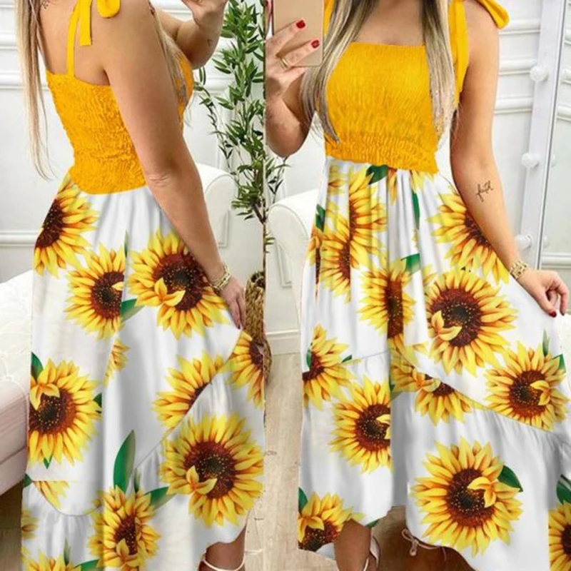 

Summer Sexy Spaghetti Strap Floral Print Maxi Dress for Women New Casual Elegant Chest Wrap Long Woman Beach Dress Holiday