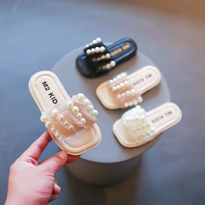 

Girls Summer Slippers Sandals Kids Slides Beach Shoes for Children Princess Sweet Lace with Pearls Beading Soft Anti-skid Summer