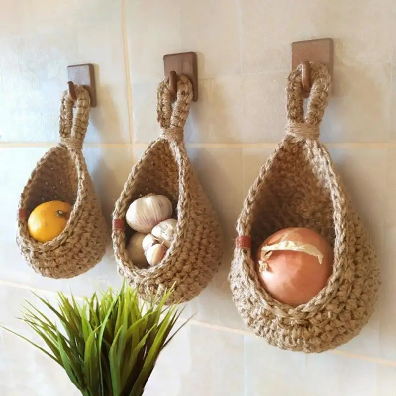 

Woven Rope Wall Hanging Fruit Vegetable Basket Garlic Egg Keeper Storage Flowerpot Hanger Kitchen Organizer