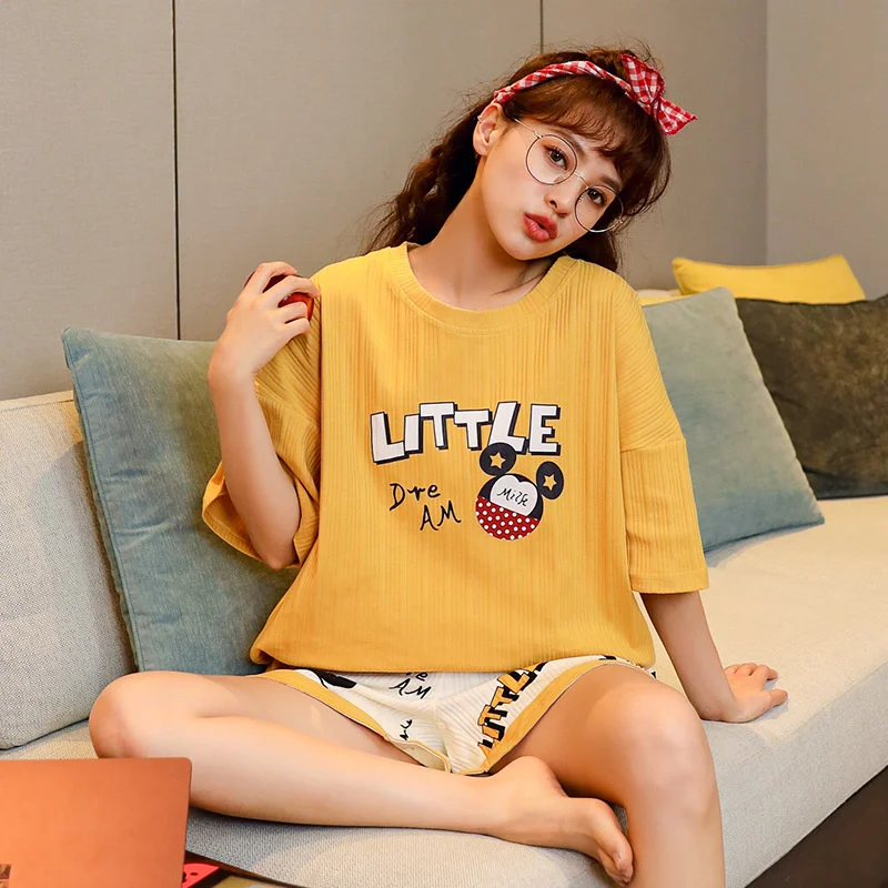 

2022 New Short Sleeved Pajamas Women's Summer Knitted Pure Cotton Cartoon Cute Outerwear Home Suit sleep lounge