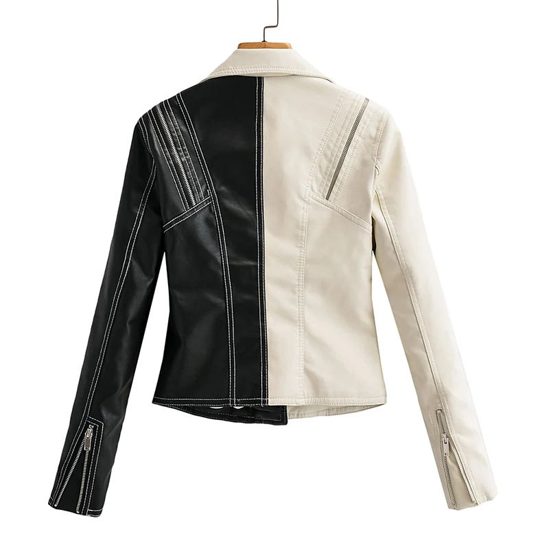 2022 Spring Autumn Women Short Faux Leather Jacket Black White Splicing Moto Bike PU Coat Slim Zipper Design Locomotive Outwear