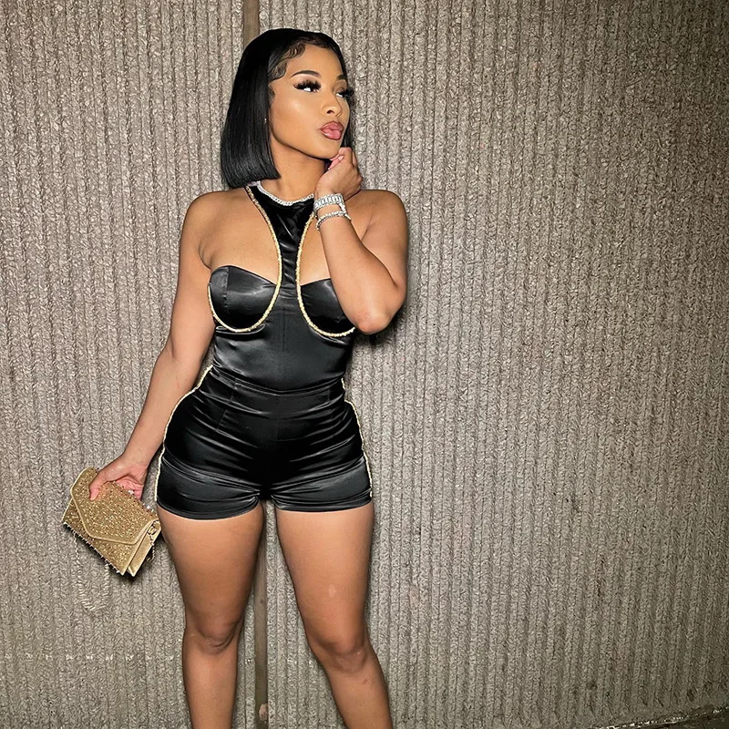 FTS Summer One Piece Playsuit Bodysuit Halterneck Sleeveless Low Chest Sexy Bodycon High Waist Woman Jumpsuits Elegant