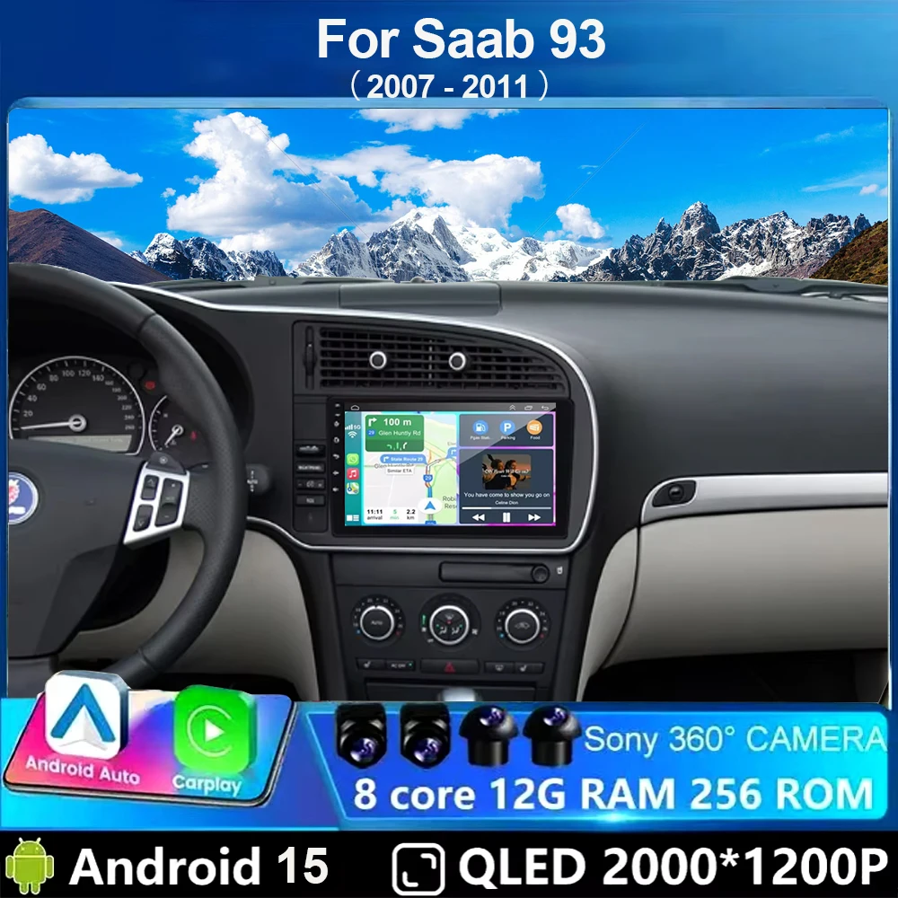 Фото Автомобильный радиоприемник Android 15 для Saab 93 2007-2011, мультимедийный видеоплеер, GPS, авторадио, навигация, стерео радио, 5G DVD 4G WIFI №1