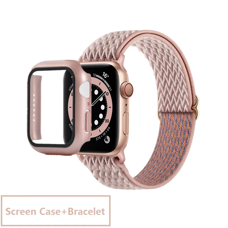 

Screen Protector+Nylon Bracelet For Apple Watch 7 Strap SE Series 6 5 4 45mm 41mm 40mm 44mm Elastic Band For iWatch 3 42mm 38mm