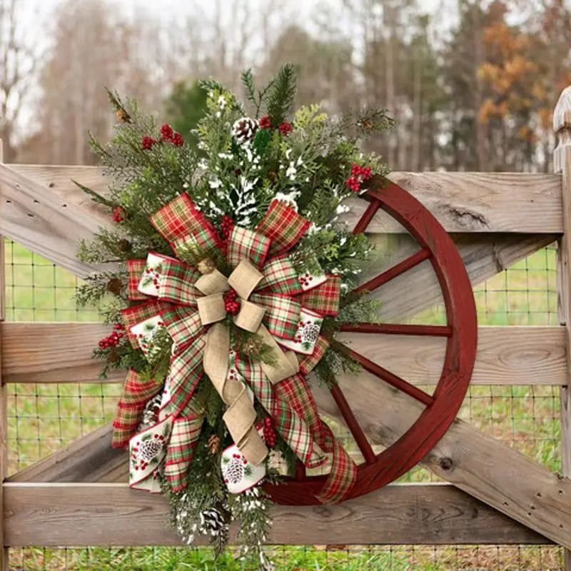 

Farmhouse Wagon Wheel Wreath 30cm Christmas Winter Door Hanging Home Outdoor Decoration New Year Gift Christmas Decoration 2023
