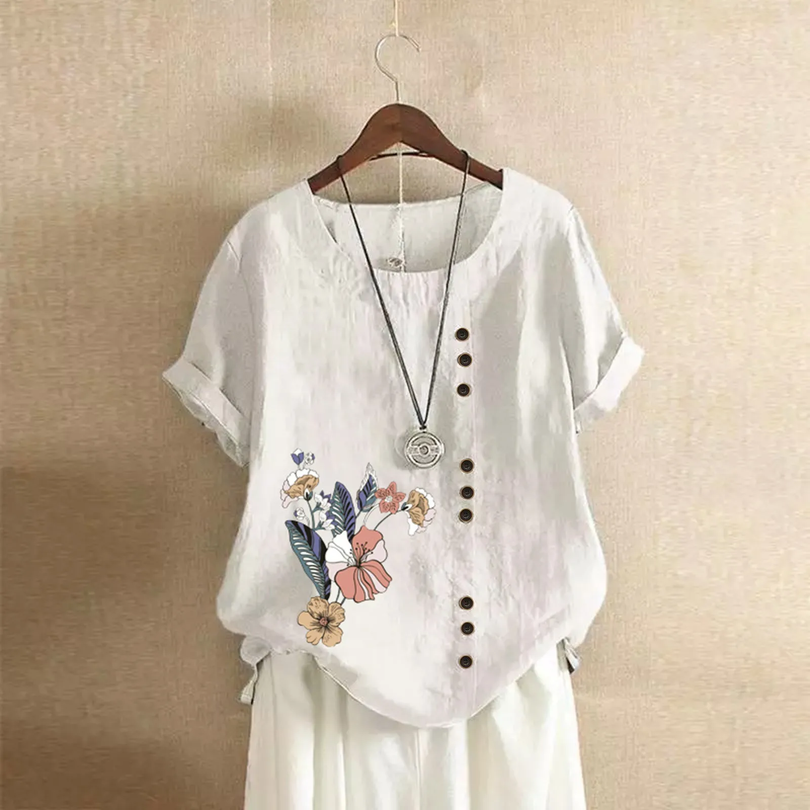 

New Women Summer Casual Butterfly Floral Print Baggy Loose Shirts Vintage Round Neck Plus Size Short Sleeve Blouse Pullover Tops
