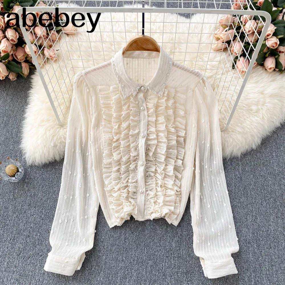 

Sweet French Women Blouse Design Beading Turndown-Collar Long Sleeve Tops Autumn Fashion Streetwear Short Blouses 2022