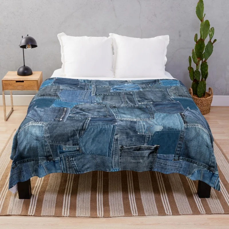 

Blue Denim Jeans Pocket Patchwork Throw Blanket Fur Blankets