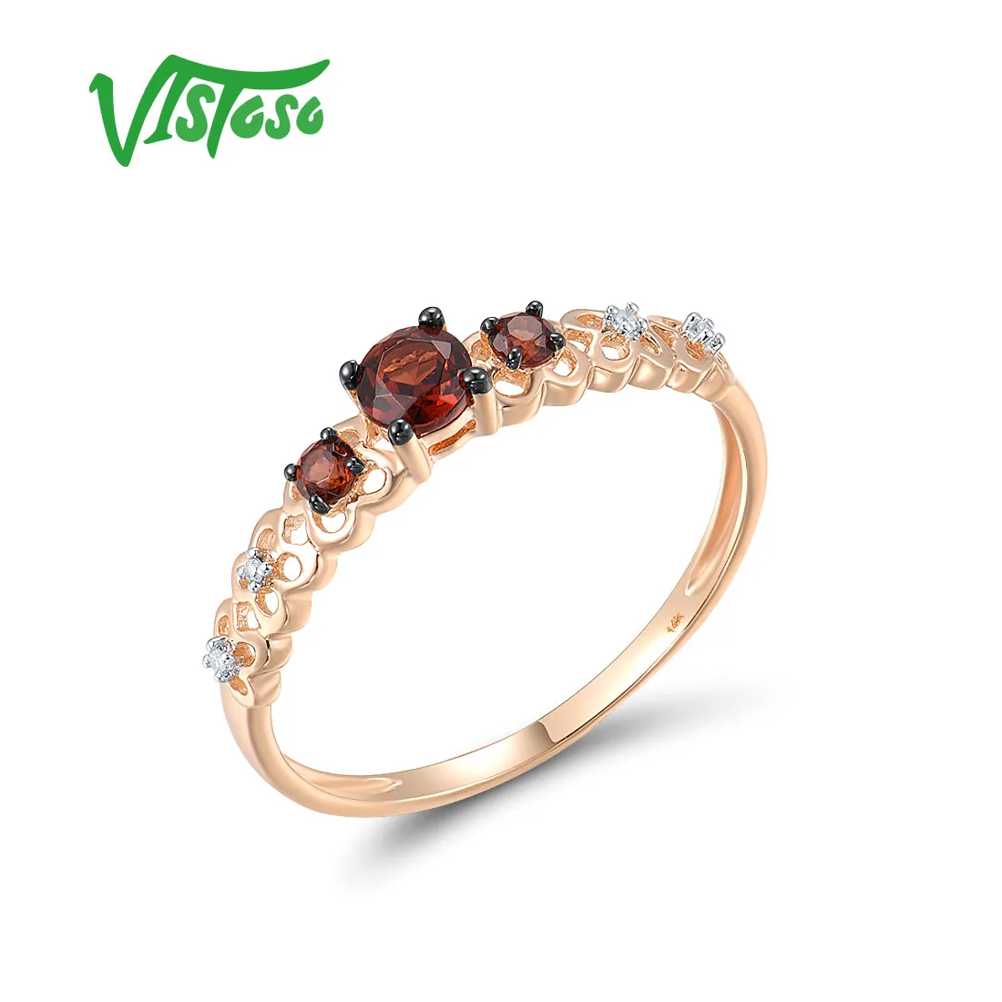 

VISTOSO Genuine 14K 585 Rose Gold Ring For Women Sparkling Diamond Garnet Hollow Delicate Wedding Party Cute Trendy Fine Jewelry