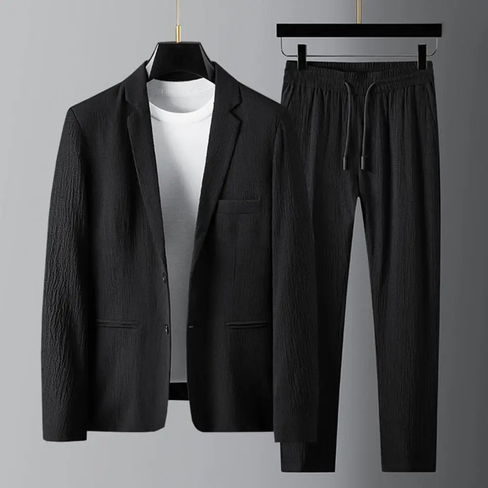 Spring Summer Fashion Suit Men Blazer Pants Stripe Pleats Long Sleeve Turndown Collar Jacket Drawstring Trousers for Wedding
