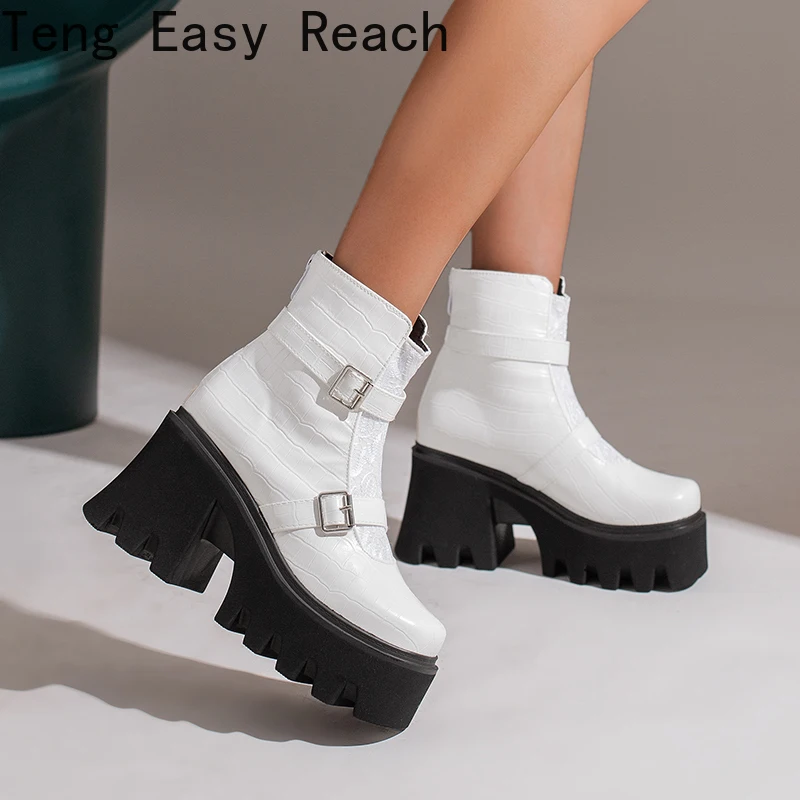 

2022 New Locomotive Boots Women Sexy Fastener Chunky Heel Platform Boots Female Punk Style Ankle Boots Zipper Heels Shoes 2021