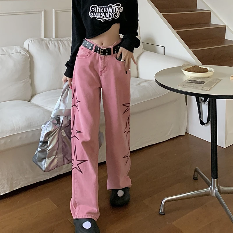 American Retro Pink Jeans Women Fashion Streetwear Star Print Wide Leg Pants Straight Denim Baggy Trousers Trend 2023 New