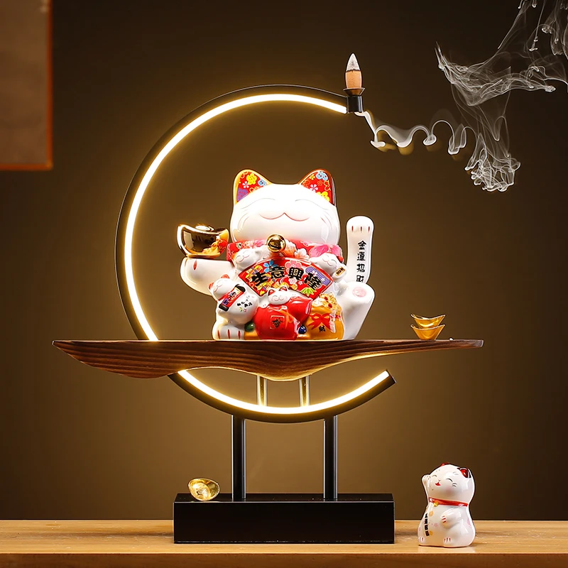 

Chinese-style lucky cat creative light-emitting ornaments ceramic automatic shaking hands to make money office living room gift