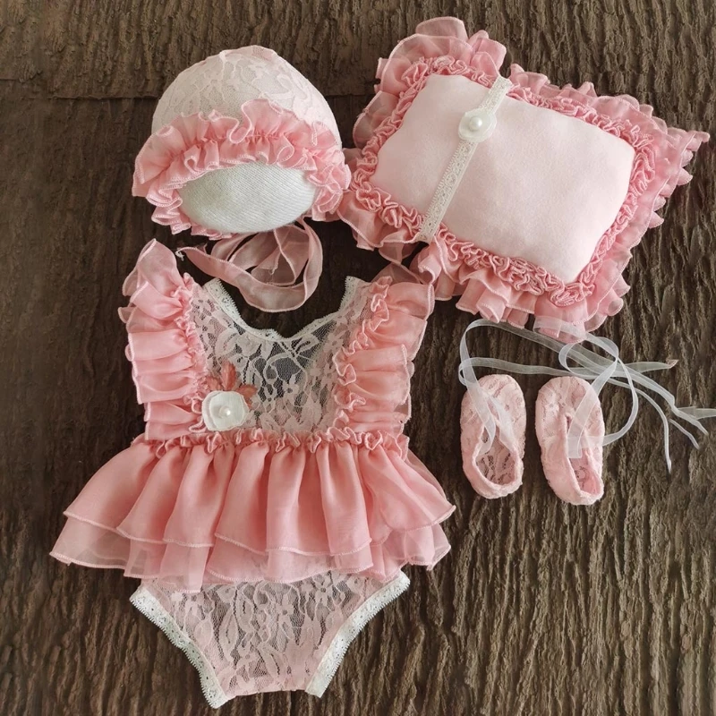 

5Pcs/Set Baby Hat+Pillow+Romper Jumpsuit+Shoes+Headwear Newborn Photography Prop