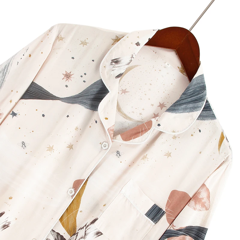 S-3XL Women's 100% Viscose Sleepwear Print Short Pajama Set Contrast Piping Loose Pants Lougewear Home Nightwear