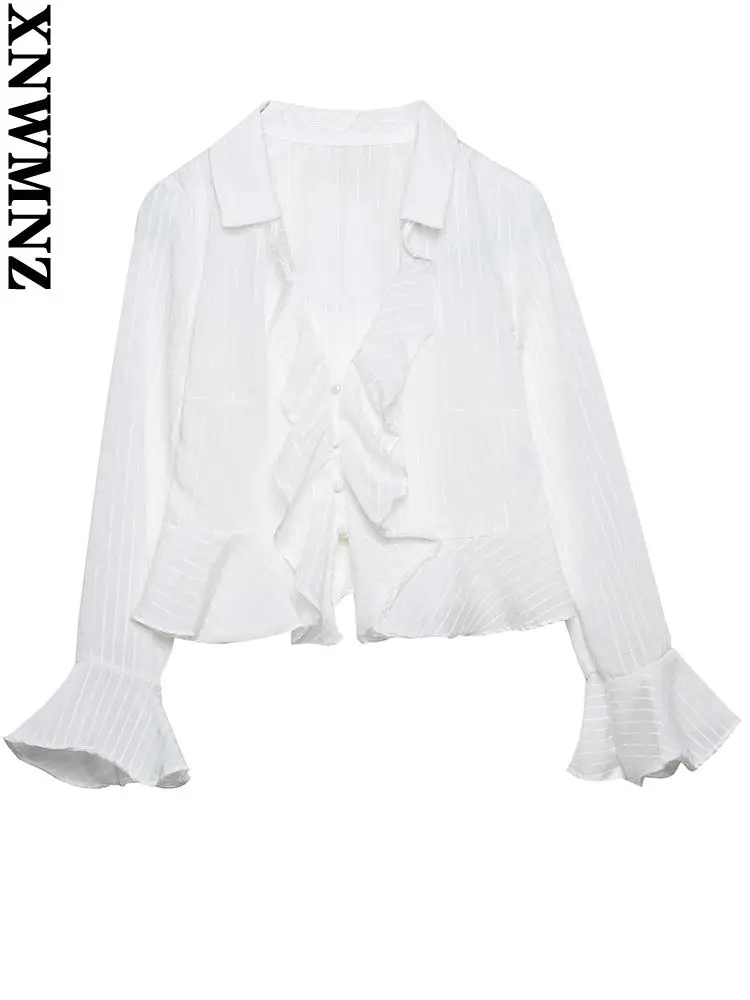 

XNWMNZ blusa feminina 2022 fashion with ruffle trims striped blouse White v neck long sleeve female blouses blusas chic tops