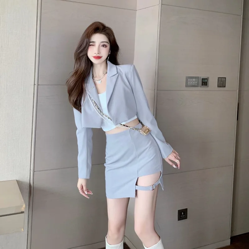 

Женский блейзер и юбка до пупка, однотонный комплект из двух предметов