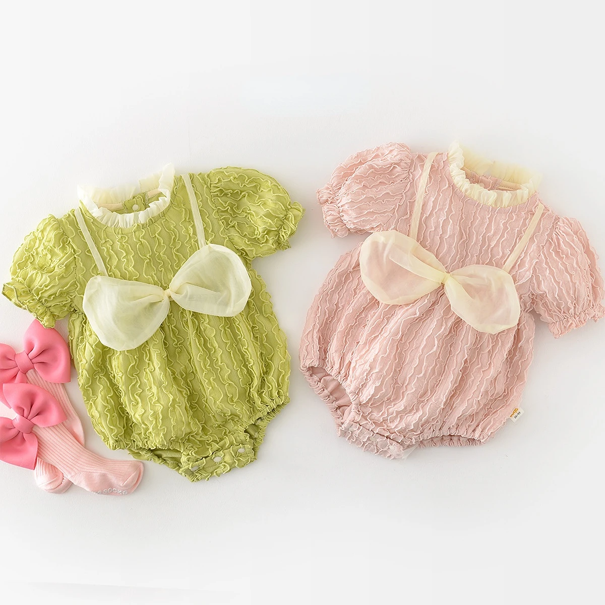 

5268B Korean Baby Girl's Bodysuit 2023 Summer New Big Bow Sweet Girl's One Piece Clothes Bud Sleeve Climbing Clothes