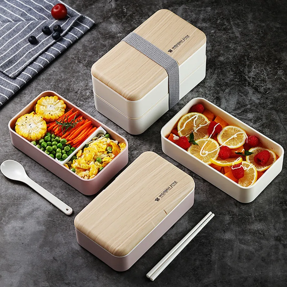 

1200/1400ml Double-layer Lunch Box With Spoon Chopsticks Wooden No Leak Bento Box Microwave Heating Possible Kitchen Dinnerware