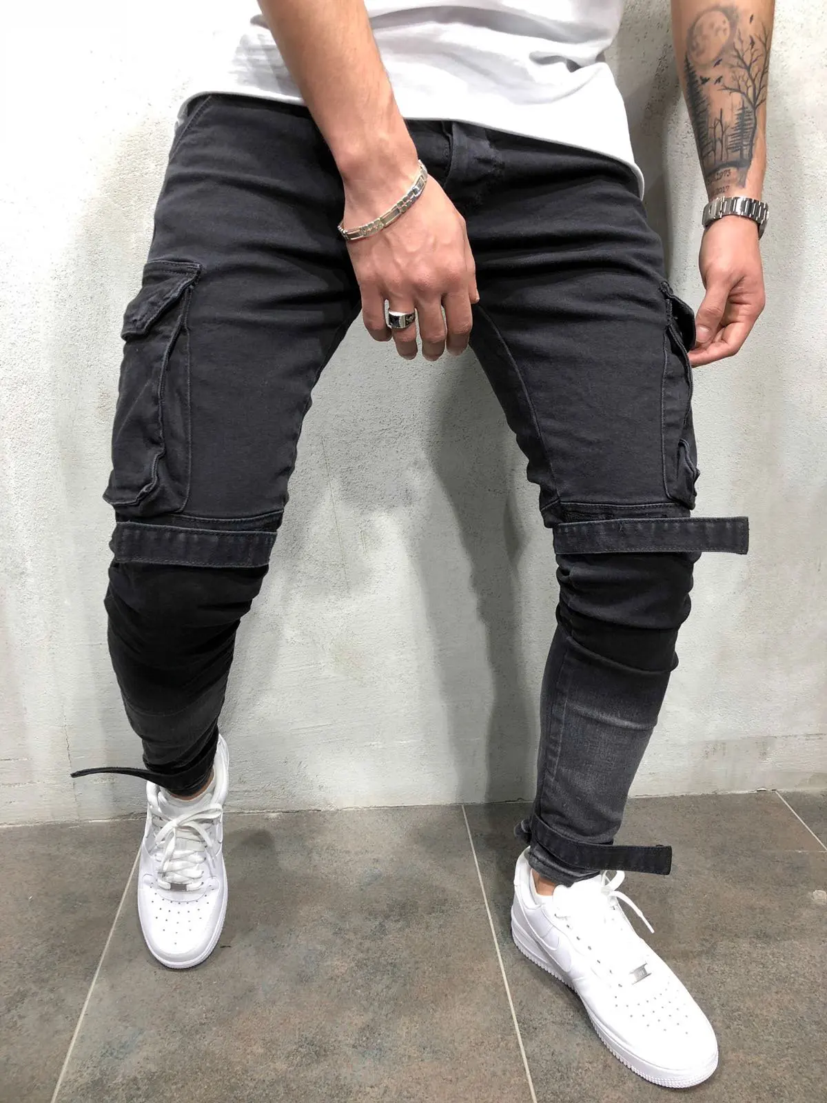 

New autumn and winter new men's slim denim black big pocket casual beam mouth men's pencil pants mens street wear