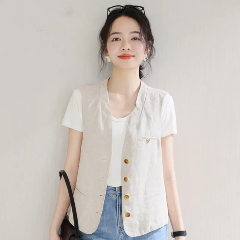 

Women's Vest British Simple Style V-neck Sleeveless Linen Beige Women's Suit Vest Japanese style
