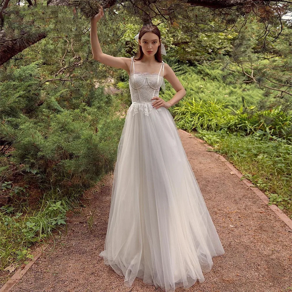 

13838# Sexy Spaghetti Straps 2022 Wedding Dress Enegant Boat Neck Sleeveless Bridal Gown Lace-Up A-Line Tulle Vestido De Novia