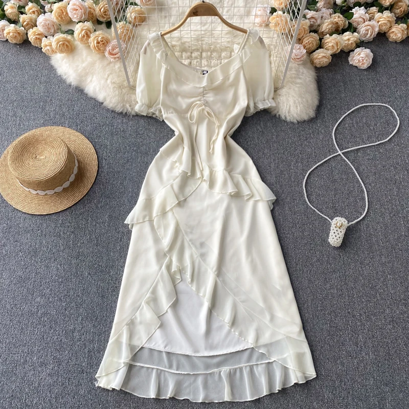 

WEIHAOBANG2022 Summer Women New Solid Color Square Neck Short Sleeve Ruffle High Waist Dress Slim Fit Medium Length A-line Skirt