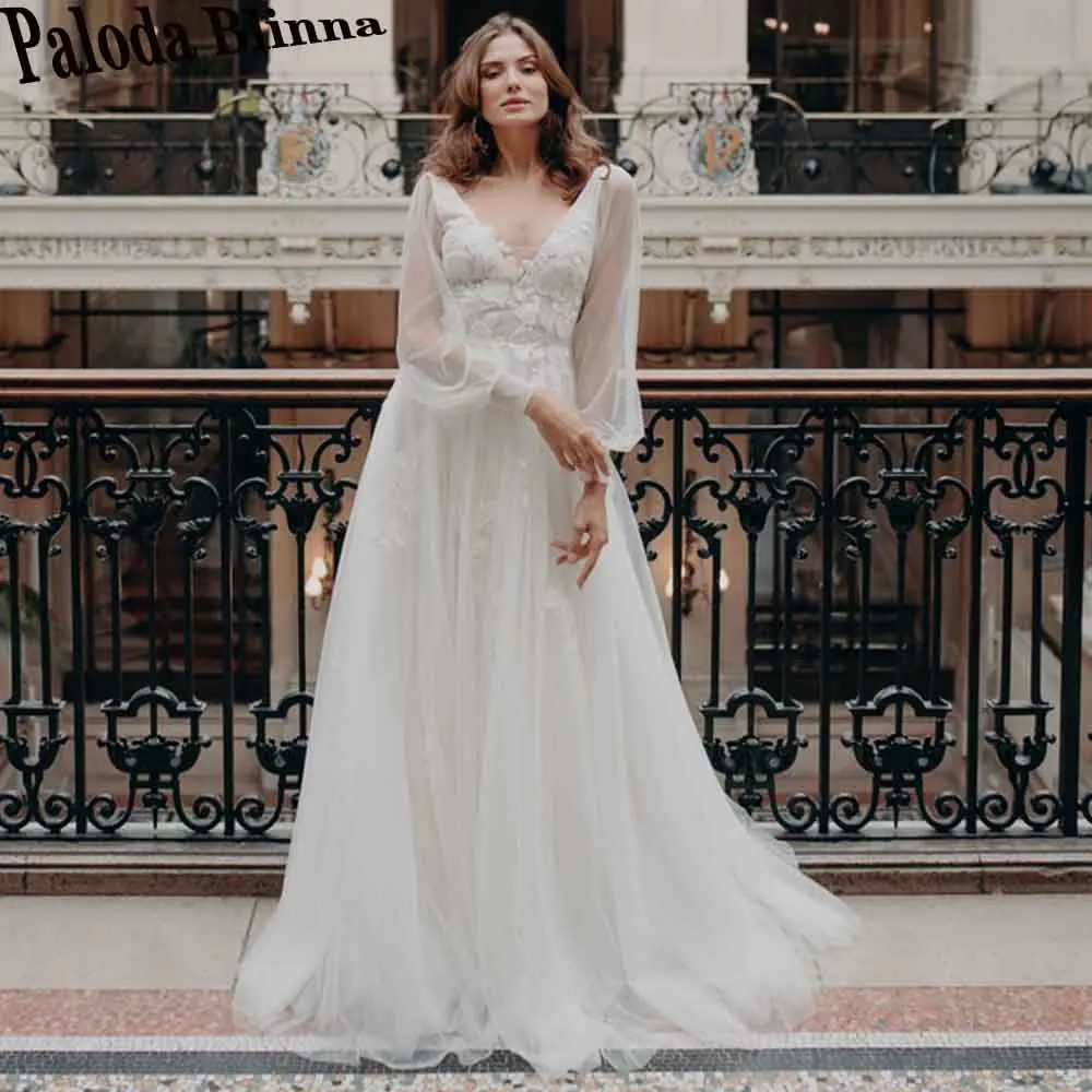 

Paloda Pastrol Backless Illusion Wedding Dresses For Women Long Lantern Sleeves V-Neck Court Train A-LINE Tulle Robe De Mariée