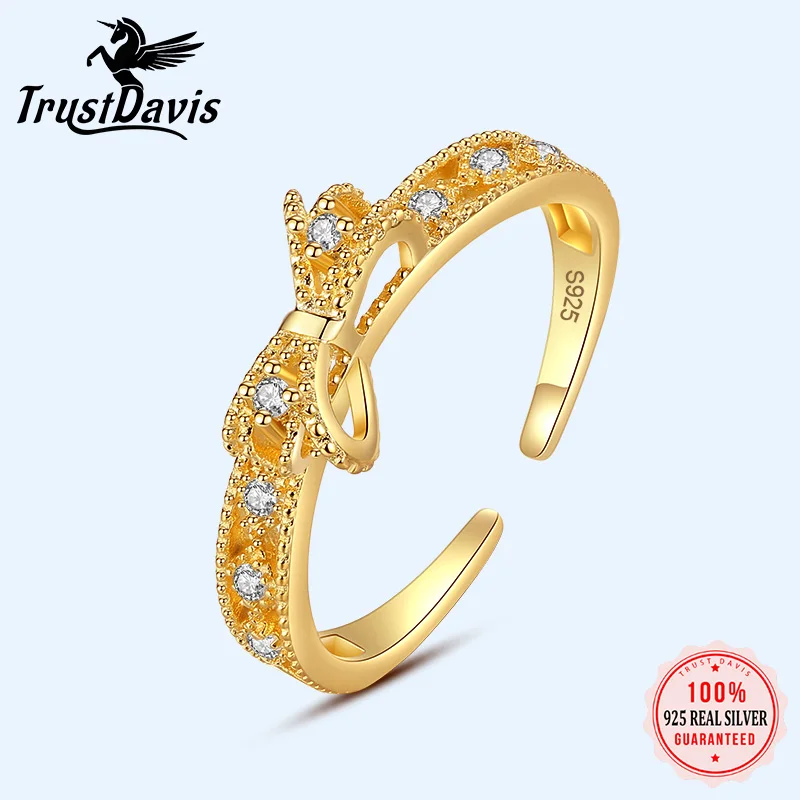

TrustDavis Real 925 Sterling Silver Ring Bow-knot Opening Cocktail Rings Gift For Daugther Girls Women Fine Jewelry DA2900
