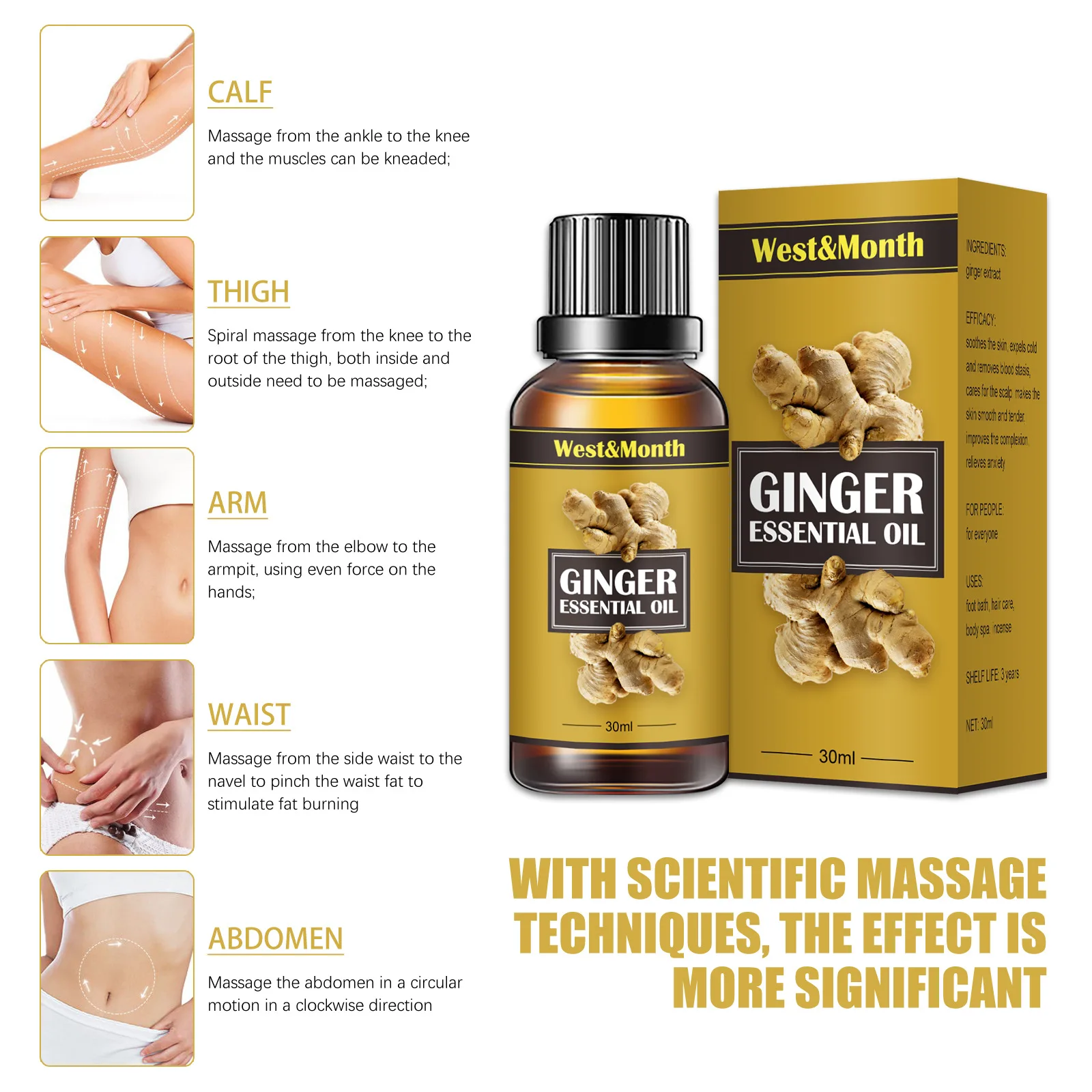 30ml/bottle*3 Natural Ginger Oil Drainage Therapy Anti Aging Plant Essential Promote Metabolism Full Body Slim Massage Oils |