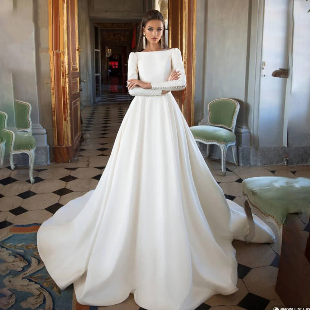 

UETEEY Vintage Wedding Dresses For Bride Boat Neck Backless Long Sleeves Satin Vestidos De Novia A-Line Princess Bridal Gowns