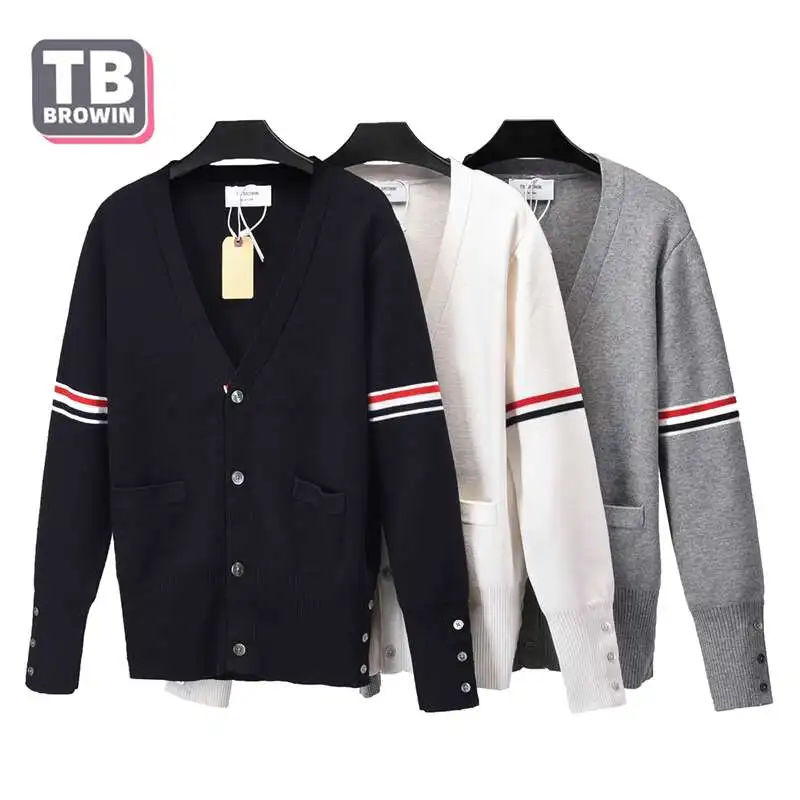 TB BROWIN thom Men's Wool Sweater Autumn and winter 4 bar stripes Brand New Floral Cardigan V-neck Luxury Cardigan Korean Casual