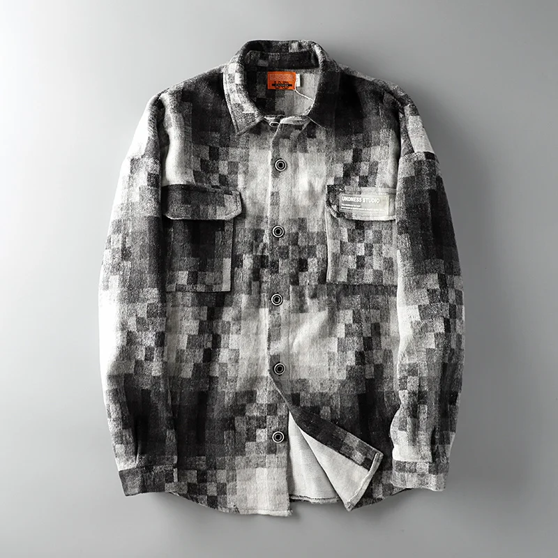

2023 Autumn New Men's Woolen Long Short Shirt Thickened Mosaic Original Work Clothes Plaid Casual Fashion Blouse 21Q1928