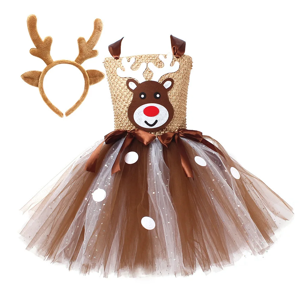 

Deer Tutu Dress Girl Christmas Dresses With Headband Kids Sequined Mesh Halloween Costume Baby Girl Princess Elk Reindeer Outfit