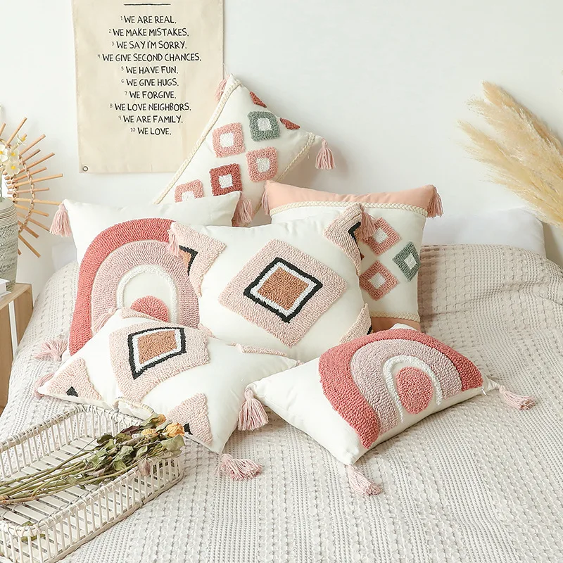 

Tufted Moroccan Sofa Pillowcase Embroidered Cushion Cover for Home Decor Living Room Pink Pillow Cases 45x45 housse de coussin