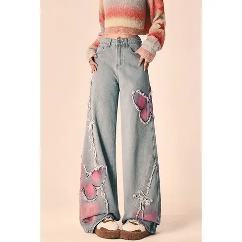 Американские ретро джинсы с вышивкой бабочки с необработанными краями для женщин на весну и осень милые и крутые прямые брюки с широкими штанинами
