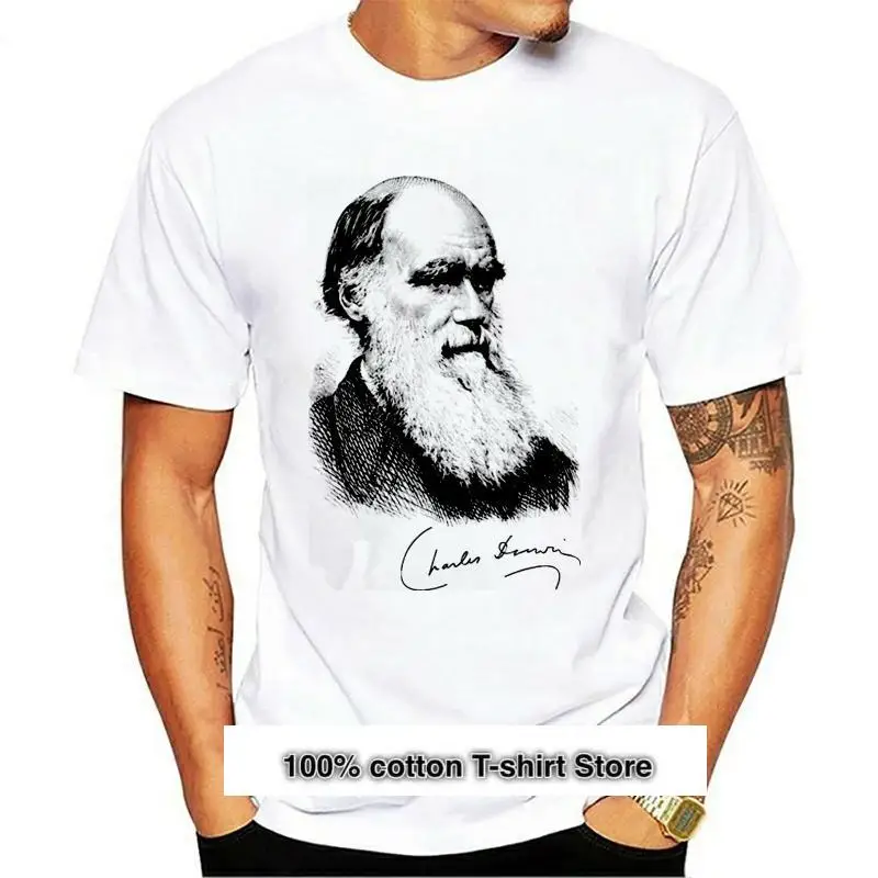 

Simple Short-Sleeved Cotton T-Shirt Charles Darwin Portrait Signature Evolution Atheist Science T-shirt Tshirt Tee O-Neck Shirt