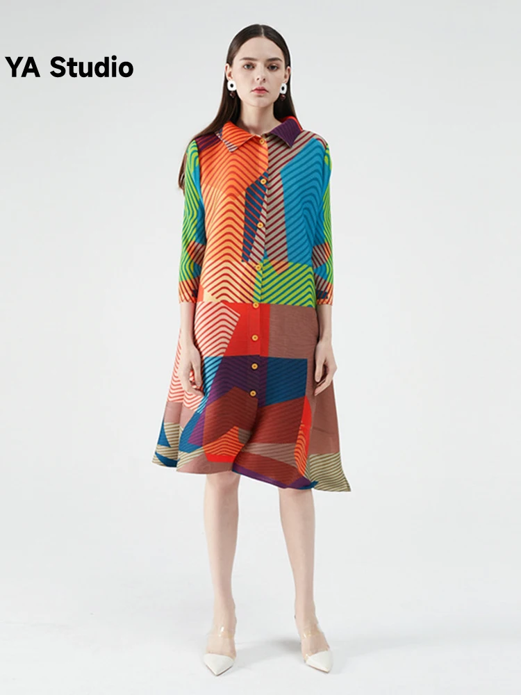 

[YA Studio] new pleated lapel 7/3 sleeve design feeling printed dress Women 2023 Summer Autumn