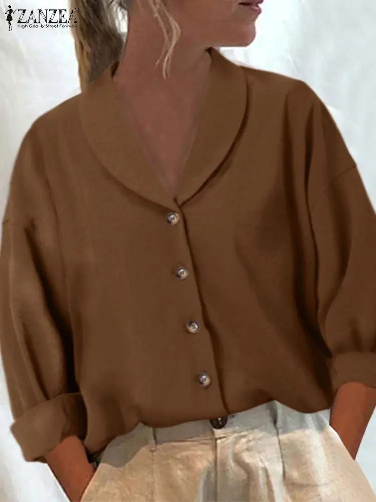 

ZANZEA Fashion Solid Shirts Women Casual Loose Lapel Collar Blouse 2023 Spring Long Sleeve Tops Vintage Buttons All-match Blusas