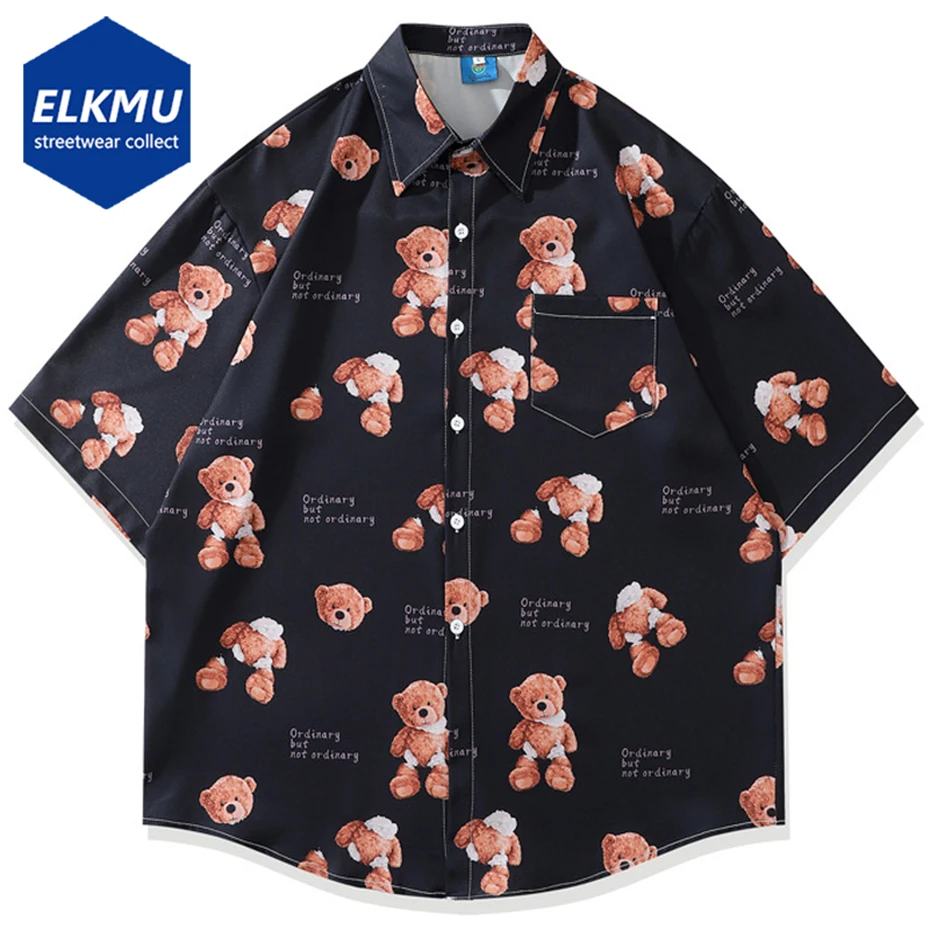 

Рубашка Y2K с мультипликационным медведем, летняя Свободная рубашка с короткими рукавами на пуговицах, уличная одежда в стиле Харадзюку, блу...