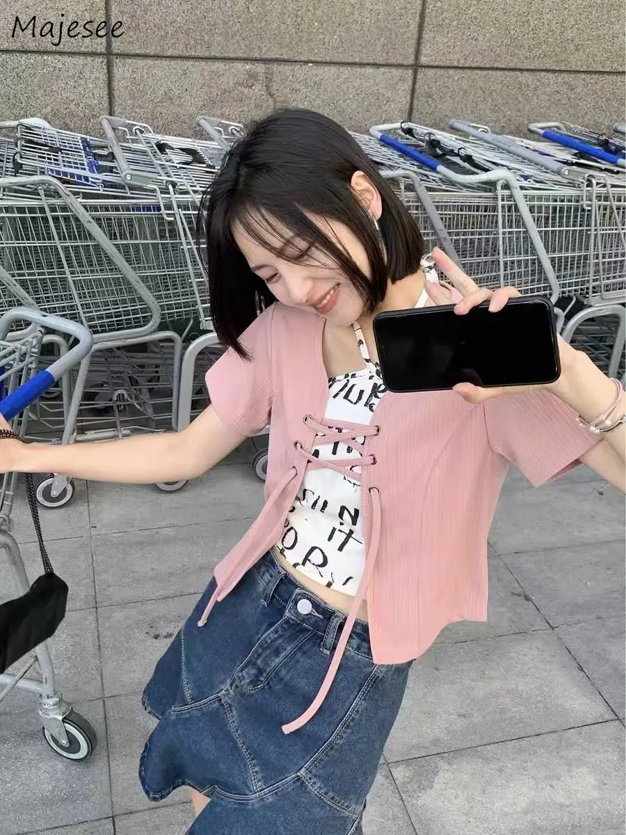 

Women Sets Sweet Sexy Short Sleeve Summer New Arrival Skinny Crop Top Design Lace-up Solid T-shirts Camisole Outfits Daily Mujer